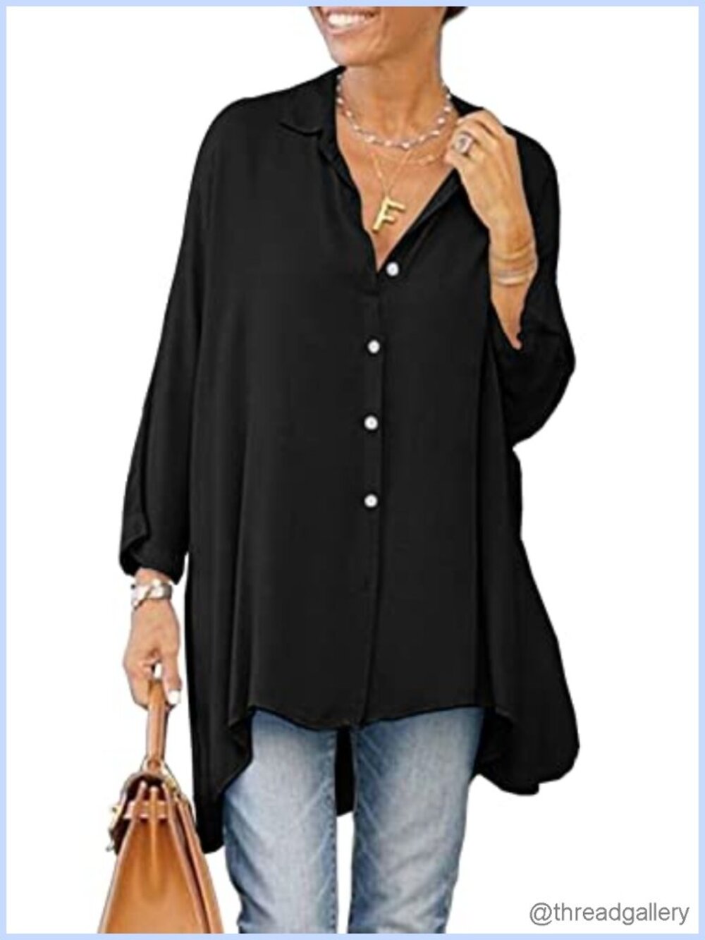 Oversized Button Down Long Sleeve Tunic Blouse High Low Hem Flowy Top